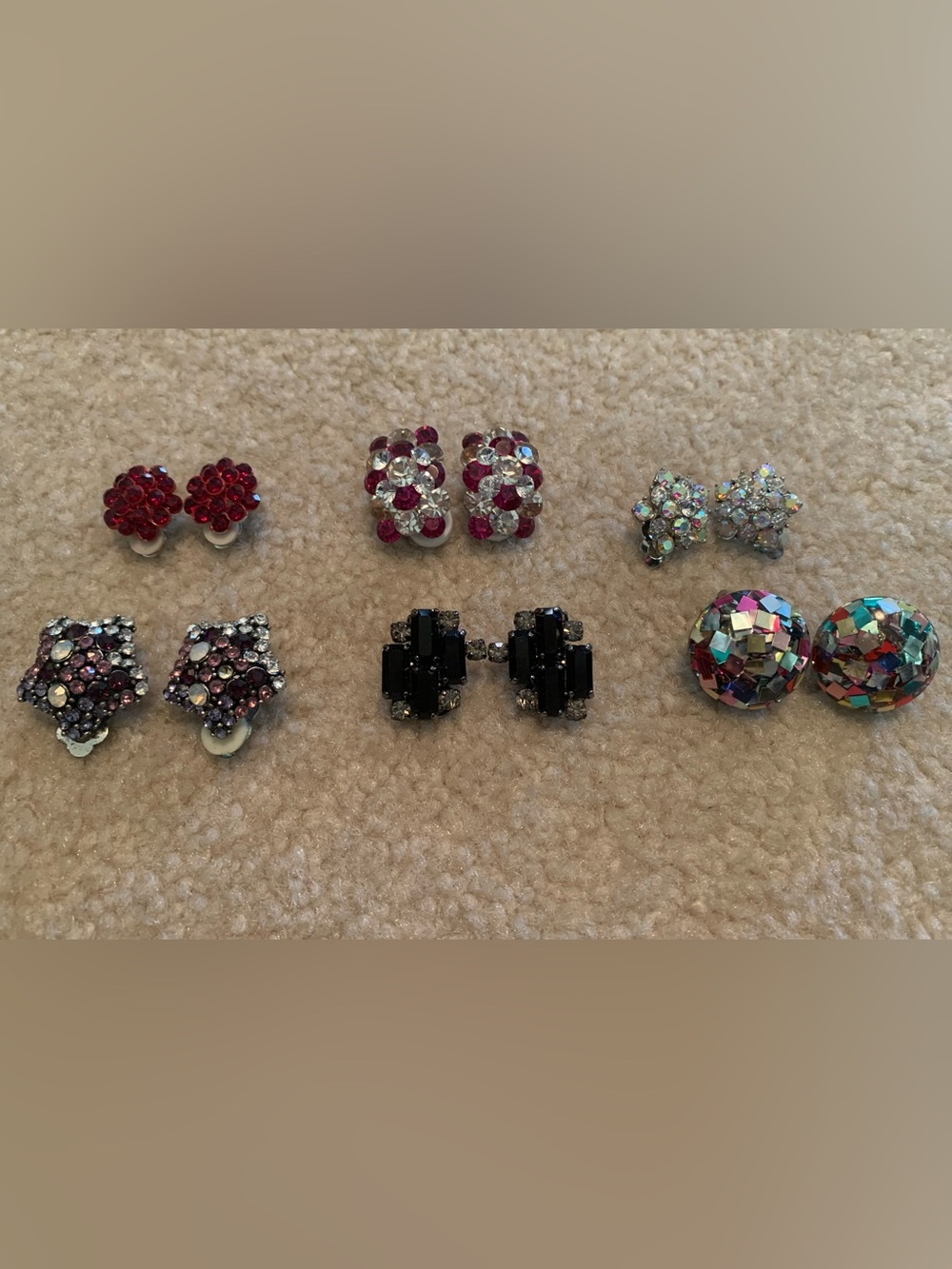 Lot of 6 Vintage Rhinestone Crystal Cluster Clip-On Earrings Sparkle Estate